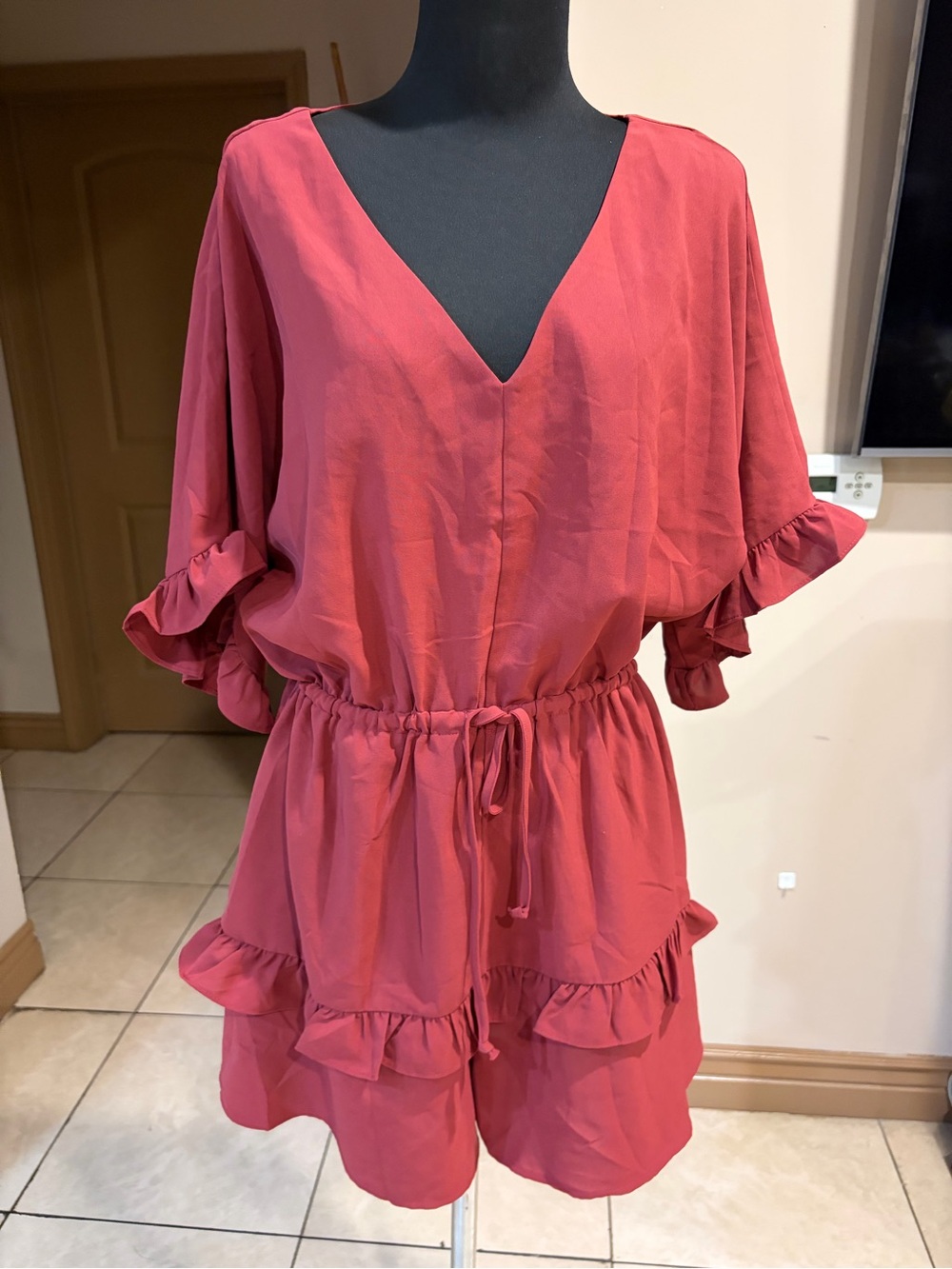 V-Neck Ruffle Sleeve Romper in Dusty Rose